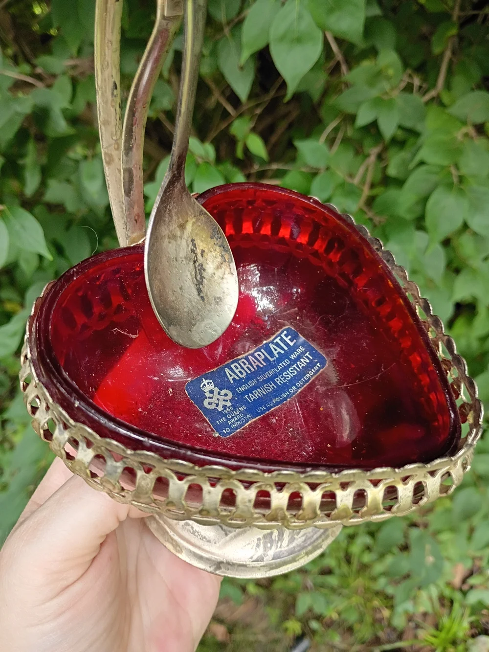 VTG Heart Shaped Silver Plate Jam/Sugar Dish Red Glass w Spoon Sheffield England
